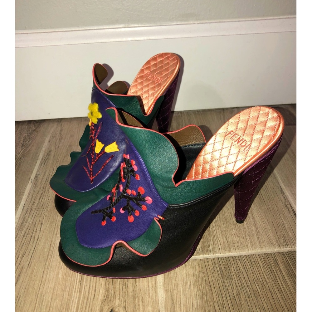 Authentic FENDI Leather Heels with Floral Embroidery